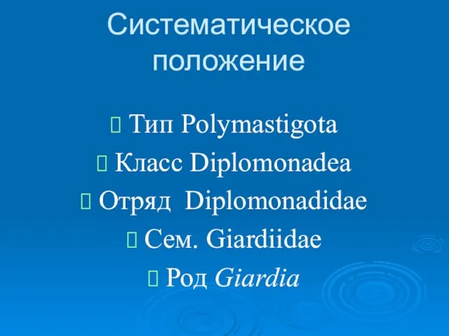 Систематическое положение Тип Polymastigota Класс Diplomonadea Отряд Diplomonadidae Сем. Giardiidae Род Giardia