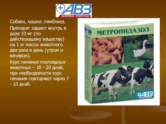 Собаки, кошки: лямблиоз. Препарат задают внутрь в дозе 10 мг (по