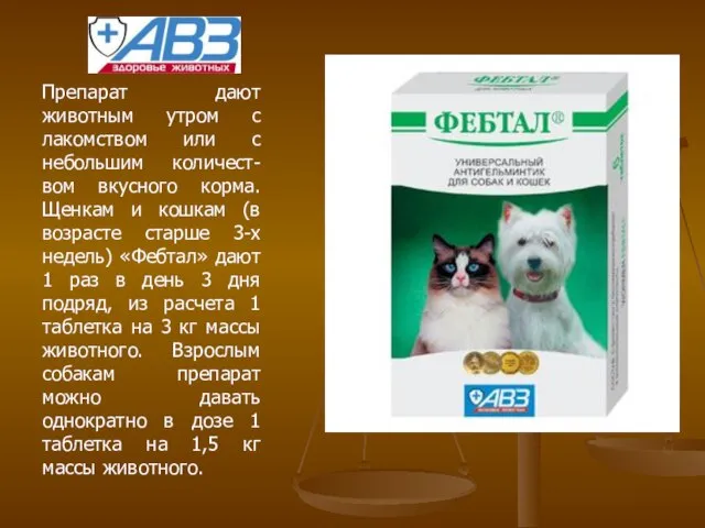 Препарат дают животным утром с лакомством или с небольшим количест-вом вкусного