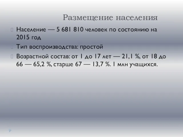 Размещение населения Население — 5 681 810 человек по состоянию на