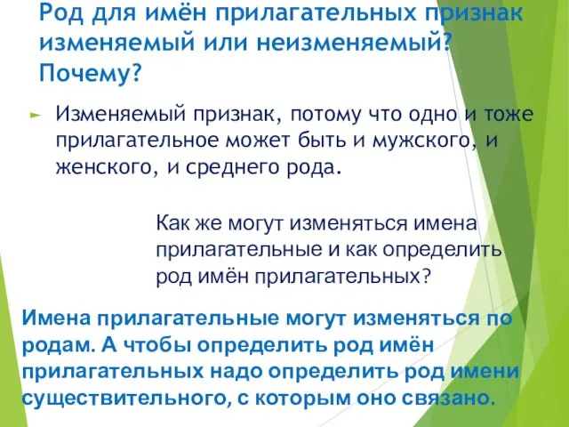 Род для имён прилагательных признак изменяемый или неизменяемый? Почему? Изменяемый признак,