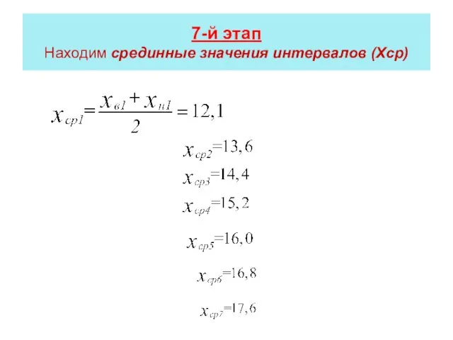 7-й этап Находим срединные значения интервалов (Xср)