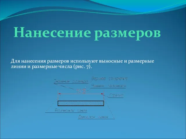 Нанесение размеров Для нанесения размеров используют выносные и размерные линии и размерные числа (рис. 7).