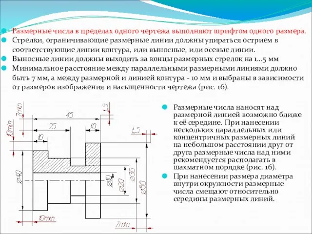 Размерные числа в пределах одного чертежа выполняют шрифтом одного размера. Стрелки,