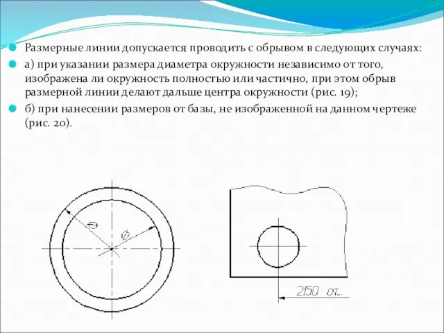 Размерные линии допускается проводить с обрывом в следующих случаях: а) при