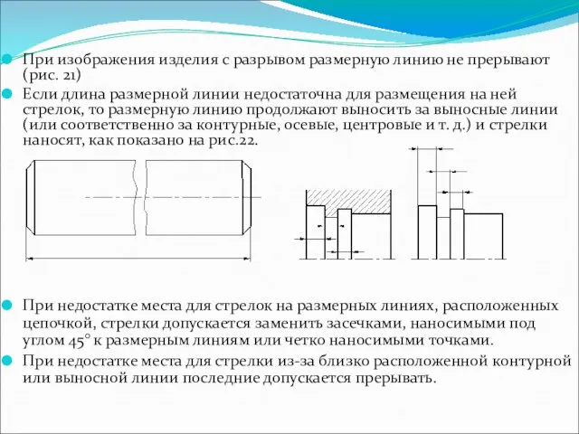 При изображения изделия с разрывом размерную линию не прерывают (рис. 21)