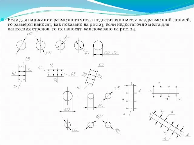 Если для написании размерного числа недостаточно места над размерной линией, то