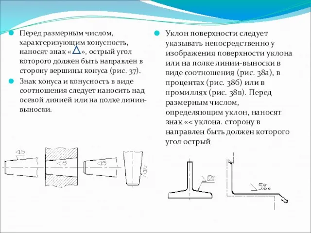 Уклон поверхности следует указывать непосредственно у изображения поверхности уклона или на