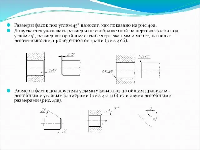 Размеры фасок под углом 45° наносят, как показано на рис.40а. Допускается