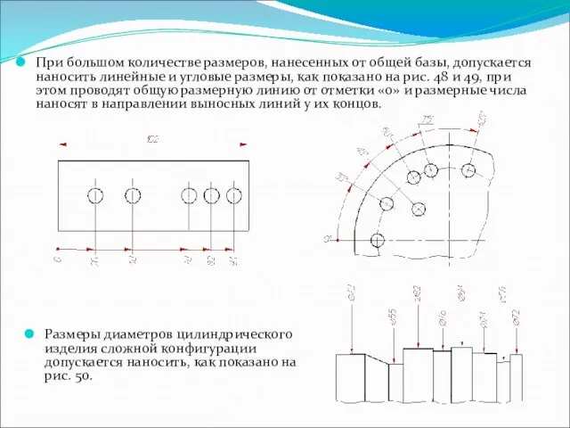 Размеры диаметров цилиндрического изделия сложной конфигурации допускается наносить, как показано на