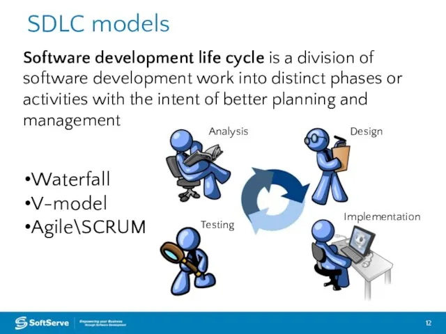 SDLC models Waterfall V-model Agile\SCRUM Software development life cycle is a