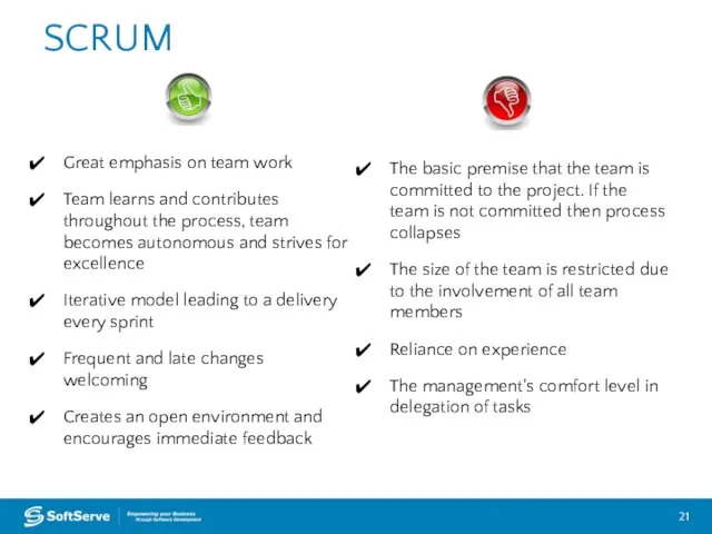 SCRUM Great emphasis on team work Team learns and contributes throughout