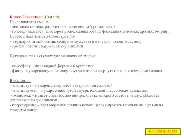 Класс Ленточные (Cestoda) Представители имеют: - лентовидное тело, разделенное на сегменты