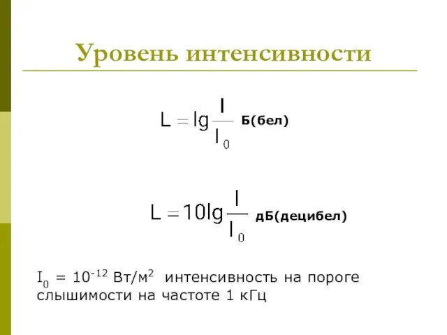 Уровень интенсивности Б(бел) дБ(децибел) I0 = 10-12 Вт/м2 интенсивность на пороге слышимости на частоте 1 кГц