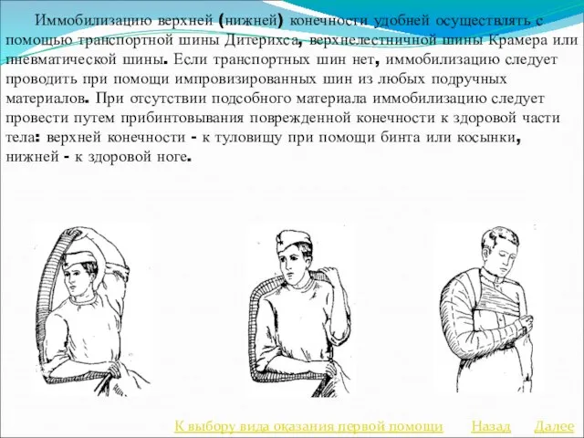 Иммобилизацию верхней (нижней) конечности удобней осуществлять с помощью транспортной шины Дитерихса,