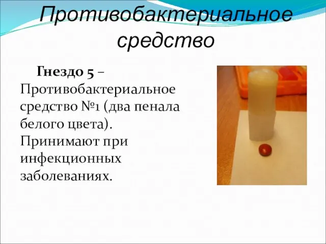 Противобактериальное средство Гнездо 5 – Противобактериальное средство №1 (два пенала белого цвета). Принимают при инфекционных заболеваниях.