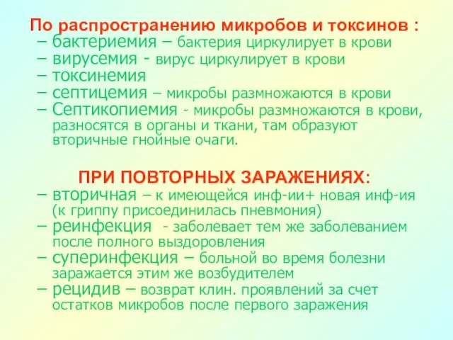 По распространению микробов и токсинов : бактериемия – бактерия циркулирует в