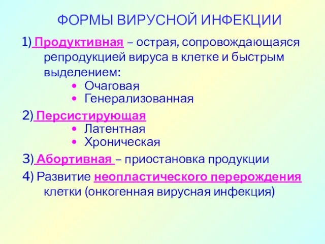 ФОРМЫ ВИРУСНОЙ ИНФЕКЦИИ 1) Продуктивная – острая, сопровождающаяся репродукцией вируса в