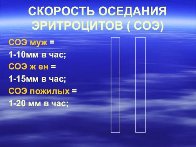 СКОРОСТЬ ОСЕДАНИЯ ЭРИТРОЦИТОВ ( СОЭ) СОЭ муж = 1-10мм в час;