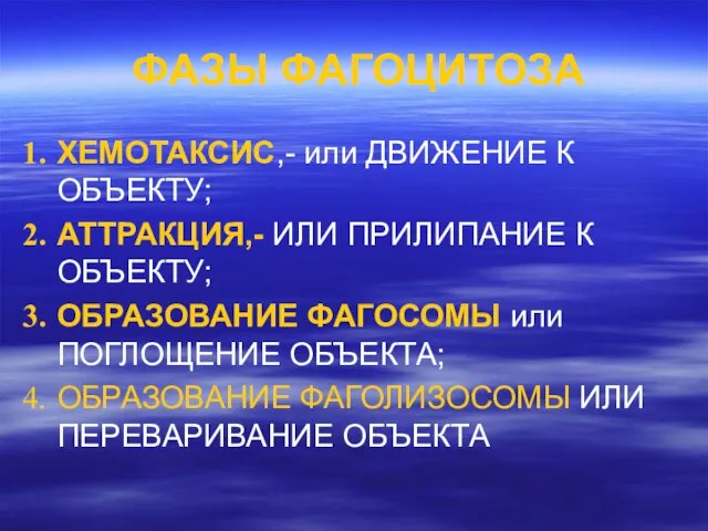 ФАЗЫ ФАГОЦИТОЗА ХЕМОТАКСИС,- или ДВИЖЕНИЕ К ОБЪЕКТУ; АТТРАКЦИЯ,- ИЛИ ПРИЛИПАНИЕ К