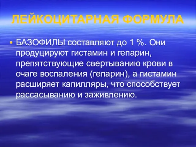 ЛЕЙКОЦИТАРНАЯ ФОРМУЛА БАЗОФИЛЫ составляют до 1 %. Они продуцируют гистамин и