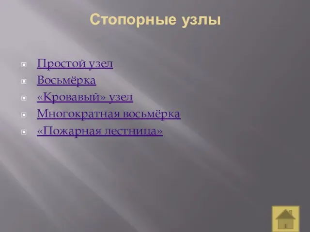 Стопорные узлы Простой узел Восьмёрка «Кровавый» узел Многократная восьмёрка «Пожарная лестница»