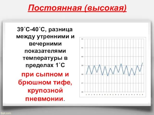 Постоянная (высокая) 39˚C-40˚C, разница между утренними и вечерними показателями температуры в