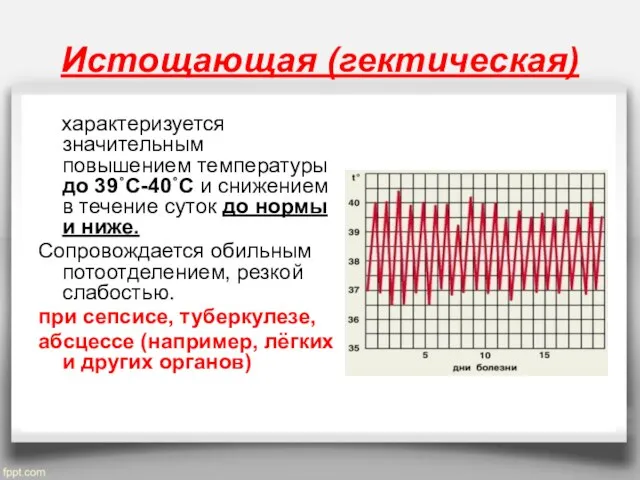 Истощающая (гектическая) характеризуется значительным повышением температуры до 39˚C-40˚C и снижением в