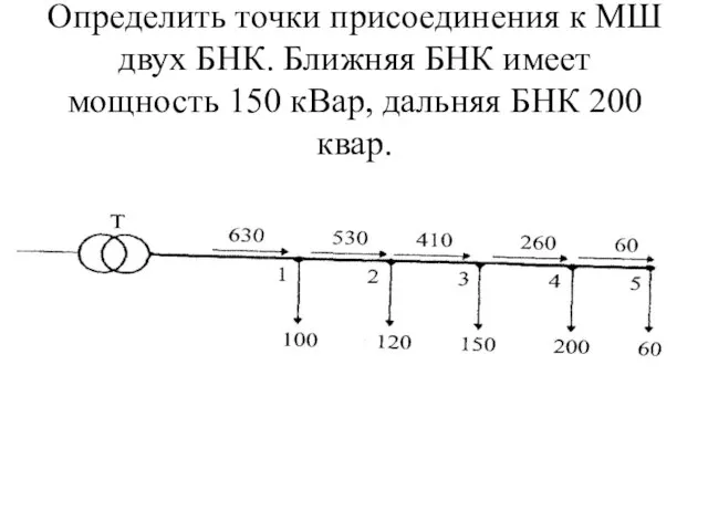 Определить точки присоединения к МШ двух БНК. Ближняя БНК имеет мощность