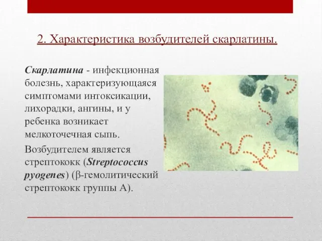 2. Характеристика возбудителей скарлатины. Скарлатина - инфекционная болезнь, характеризующаяся симптомами интоксикации,