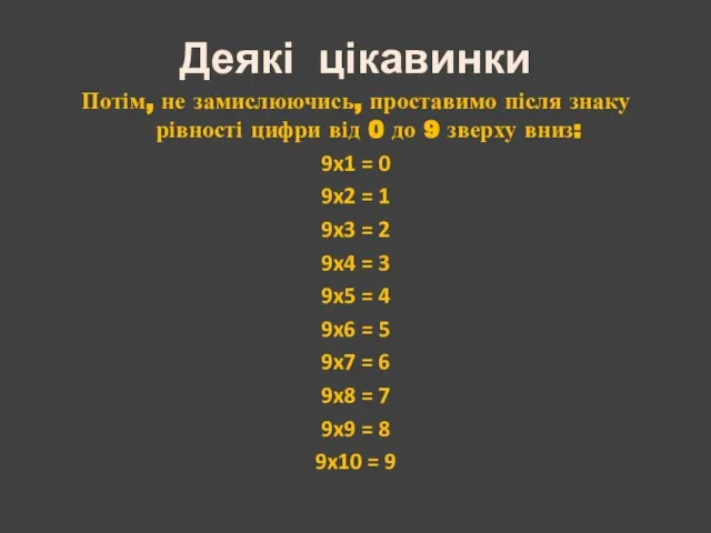 Потім, не замислюючись, проставимо після знаку рівності цифри від 0 до