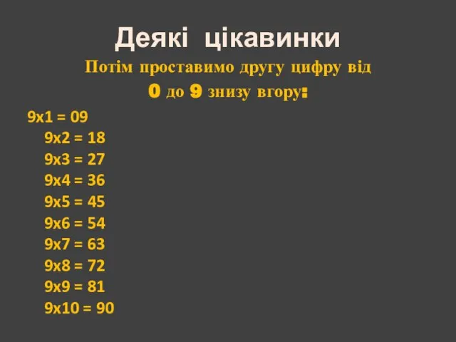 Потім проставимо другу цифру від 0 до 9 знизу вгору: 9x1