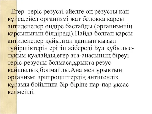 Егер теріс резусті әйелге оң резусты қан құйса,әйел организмі жат белокқа