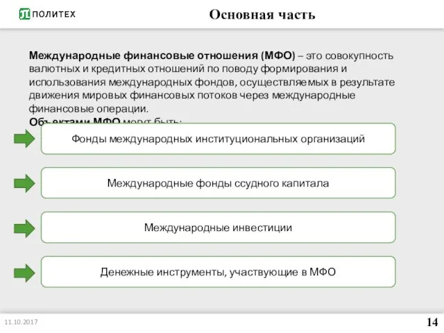 Основная часть 11.10.2017 14 Международные финансовые отношения (МФО) – это совокупность