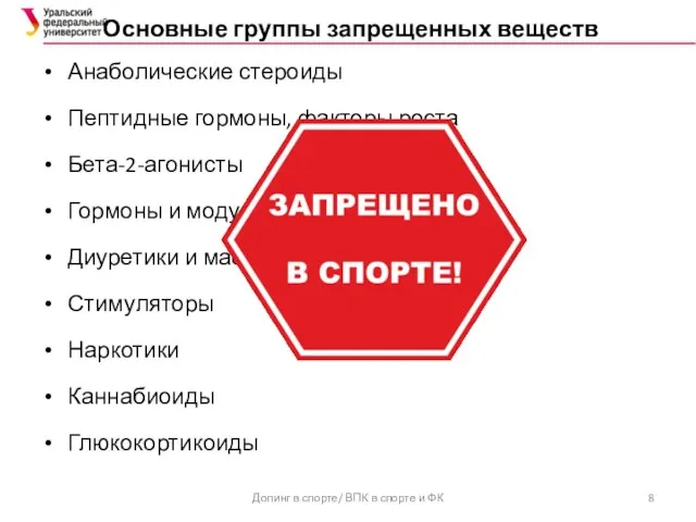 Основные группы запрещенных веществ Анаболические стероиды Пептидные гормоны, факторы роста Бета-2-агонисты