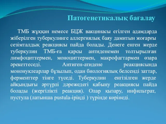 Патогенетикалық бағалау ТМБ жұққан немесе БЦЖ вакцинасы егілген адамдарда жіберілген туберкулинге