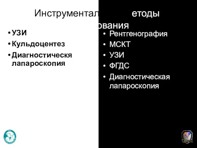 Инструментальные методы исследования УЗИ Кульдоцентез Диагностическя лапароскопия Рентгенография МСКТ УЗИ ФГДС Диагностическая лапароскопия