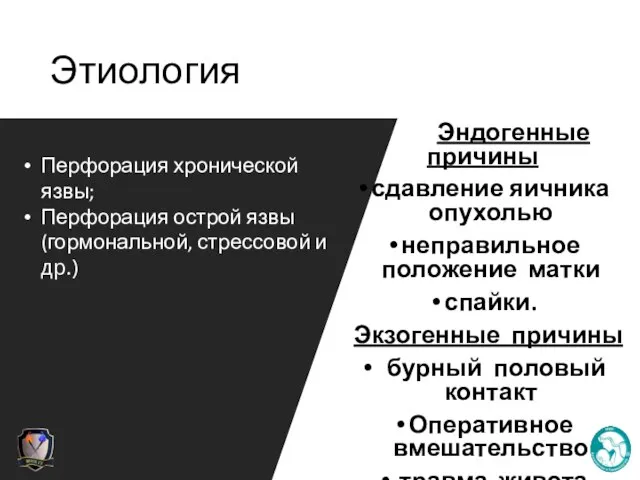 Этиология Эндогенные причины сдавление яичника опухолью неправильное положение матки спайки. Экзогенные