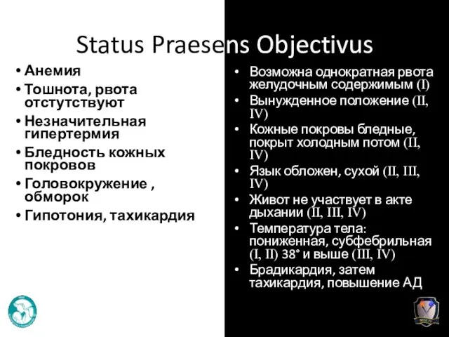 Status Praesens Objectivus Анемия Тошнота, рвота отстутствуют Незначительная гипертермия Бледность кожных