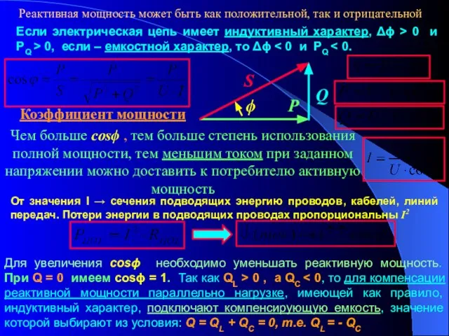 Реактивная мощность может быть как положительной, так и отрицательной Если электрическая