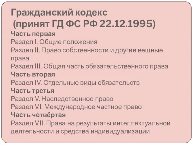 Гражданский кодекс (принят ГД ФС РФ 22.12.1995) Часть первая Раздел I.