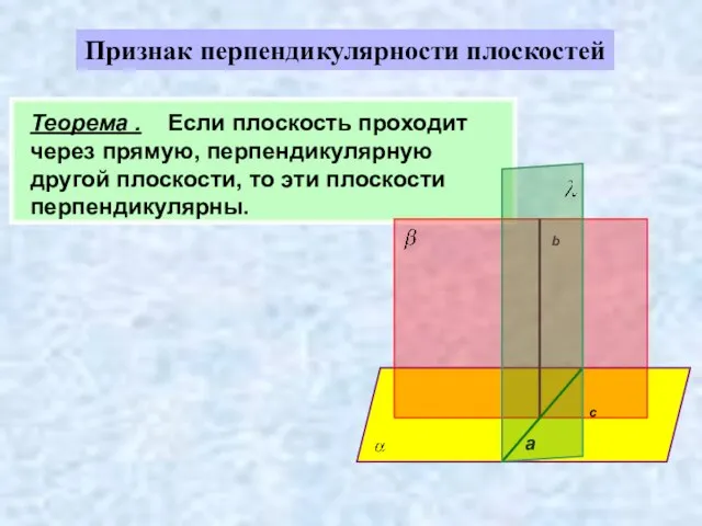 Признак перпендикулярности плоскостей Теорема . Если плоскость проходит через прямую, перпендикулярную