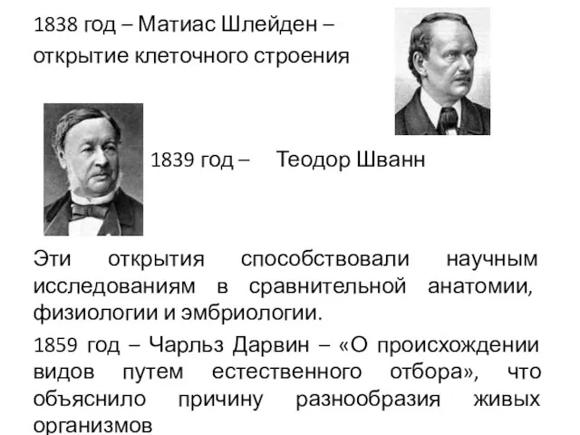 1838 год – Матиас Шлейден – открытие клеточного строения 1839 год