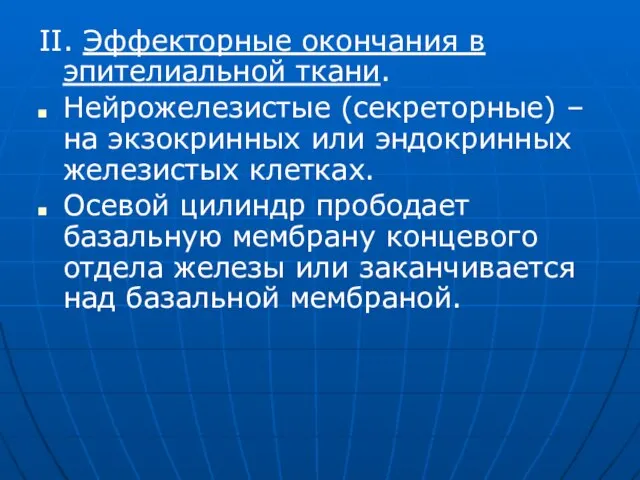 II. Эффекторные окончания в эпителиальной ткани. Нейрожелезистые (секреторные) – на экзокринных