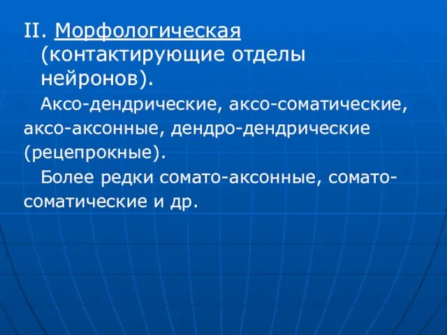 II. Морфологическая (контактирующие отделы нейронов). Аксо-дендрические, аксо-соматические, аксо-аксонные, дендро-дендрические (рецепрокные). Более