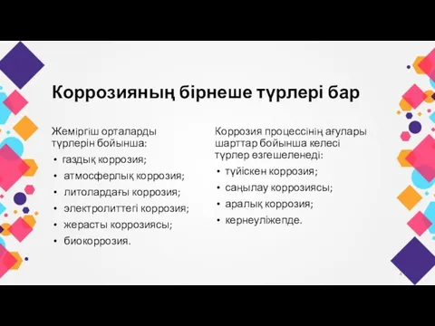 Коррозияның бірнеше түрлері бар Жемiргiш орталарды түрлерін бойынша: газдық коррозия; атмосферлық