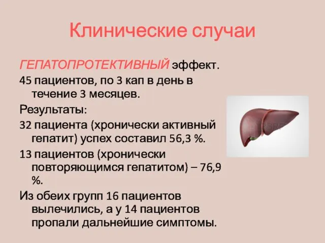 Клинические случаи ГЕПАТОПРОТЕКТИВНЫЙ эффект. 45 пациентов, по 3 кап в день