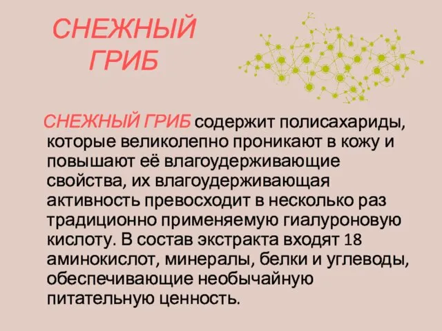 СНЕЖНЫЙ ГРИБ СНЕЖНЫЙ ГРИБ содержит полисахариды, которые великолепно проникают в кожу