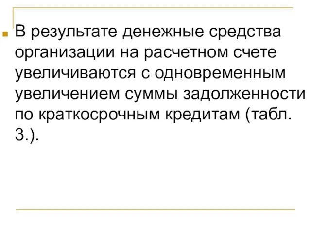 В результате денежные средства организации на расчетном счете увеличиваются с одновременным