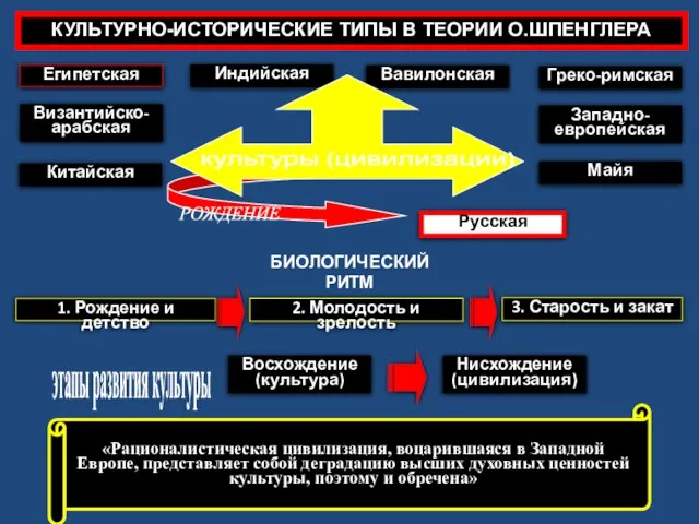 Биологический ритм КУЛЬТУРНО-ИСТОРИЧЕСКИЕ ТИПЫ В ТЕОРИИ О.ШПЕНГЛЕРА Египетская Вавилонская Китайская Греко-римская